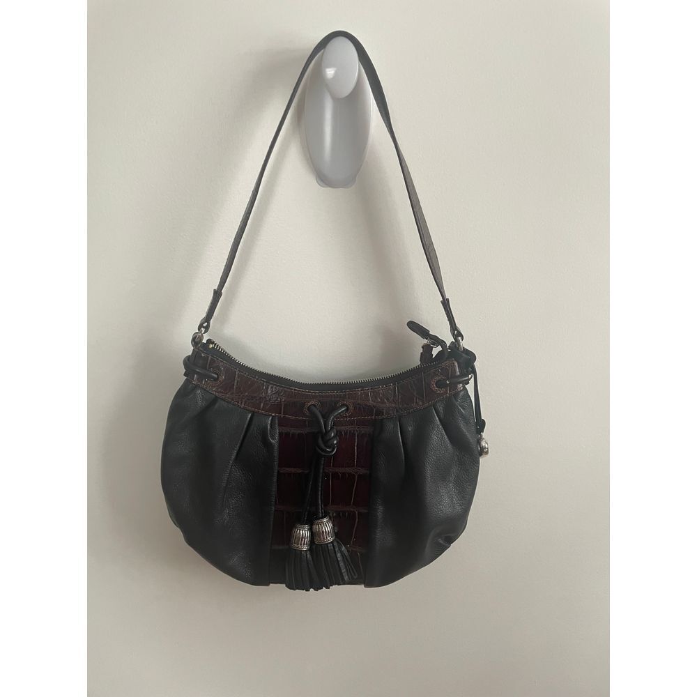 Brighton Black Leather Hobo Bag with‎ Brown Croc Trim & Silver Hardware